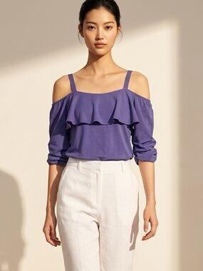 NWT YANA K Women’s Purple Cold Shower Ruffle Short Sleeve Blouse Top- Size Large